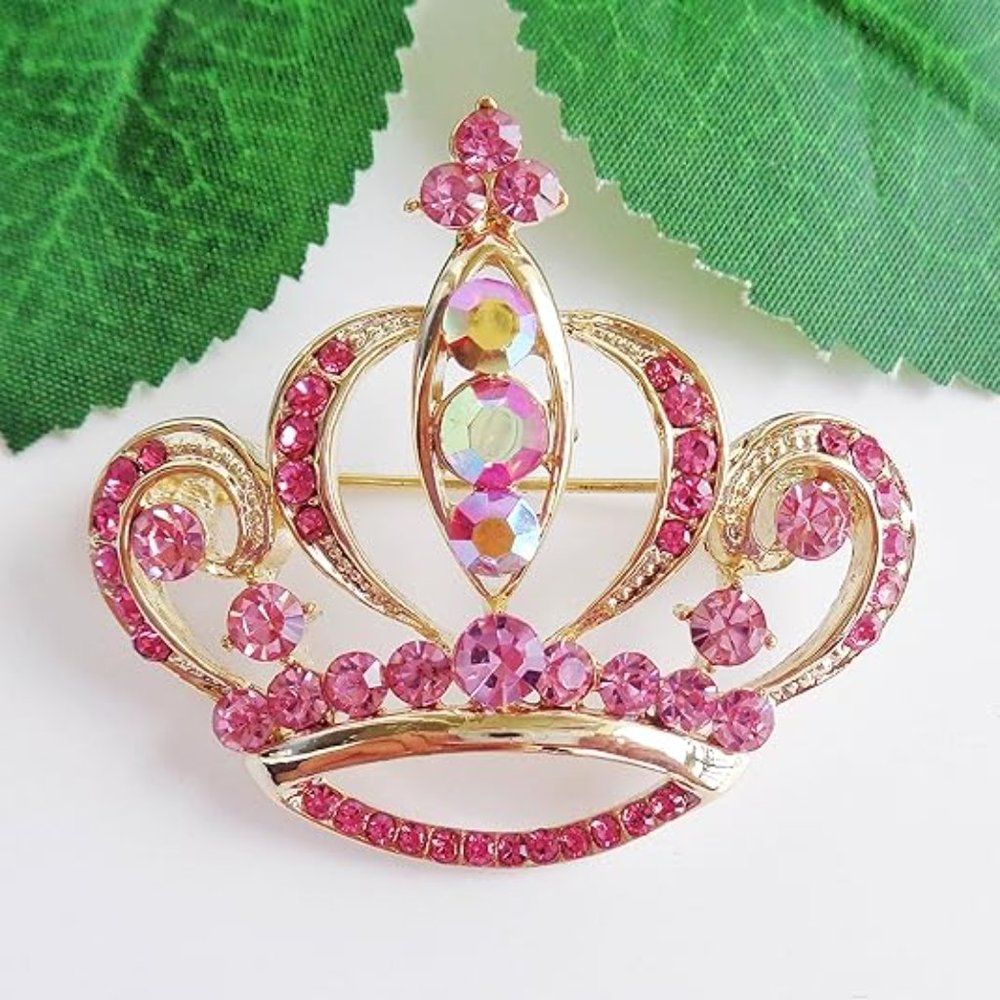 Navachi Gold Plated Multicolor Crystal Royal Crown Brooch Pins